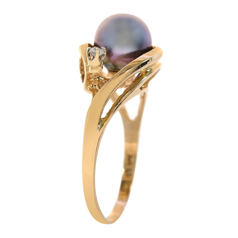 8mm Peacock Color Cultured Pearl & Diamond Ring - Picture 3 of 4